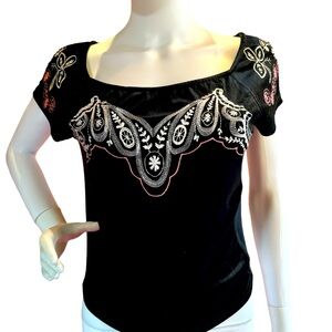 FREE PEOPLE “PARTY TRAIN” VELVET EMBROIDERED TOP